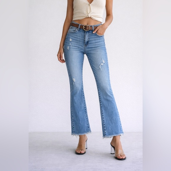Risen Jeans Denim - Risen High Rise Flare Jeans Distressed Raw Hem Boutique Denim